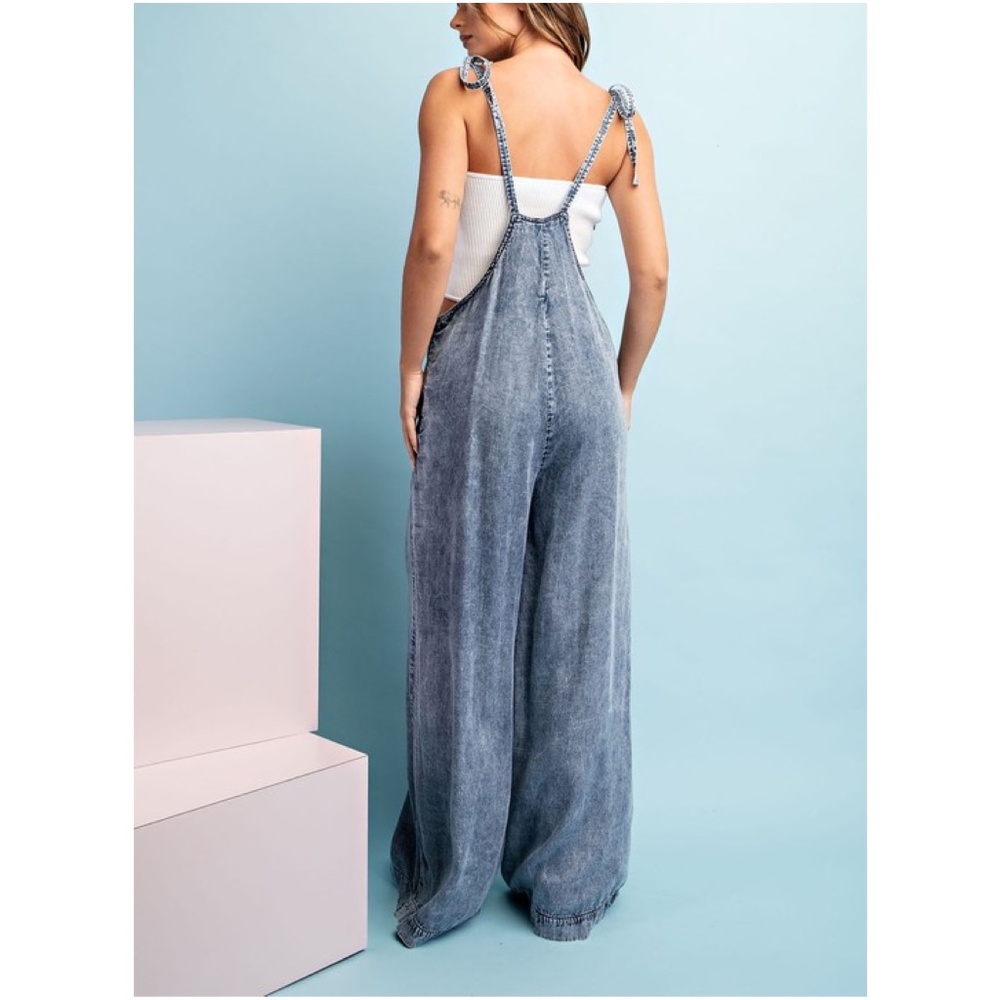 031 Boho Blue Mineral Washed Wide Leg Pockets Jumpsuit - Picture 10 of 10